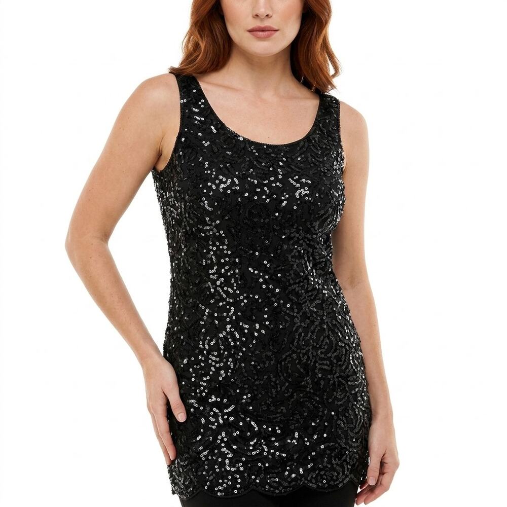 Roumanis Black Sequin Sleeveless Scoop Neck Mini Tank Dress Women Size M